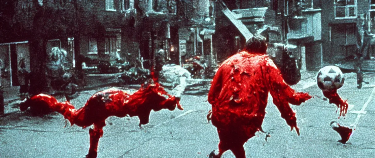 Image similar to filmic extreme wide shot dutch angle movie still 35mm film color photograph of a soccer ball demon attacking a doctor, blood splattering, in the style of The Thing 1982 horror film