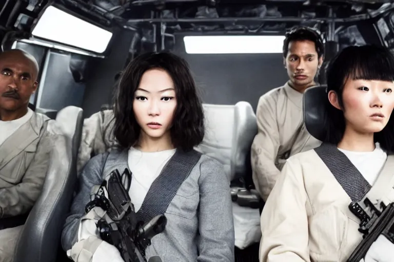 Prompt: movie diverse interracial team of Japanese sci-fi futuristic robbers armed with rifles interior clean futuristic tactical van, beautiful skin, Symmetrical faces. natural lighting by Emmanuel Lubezki