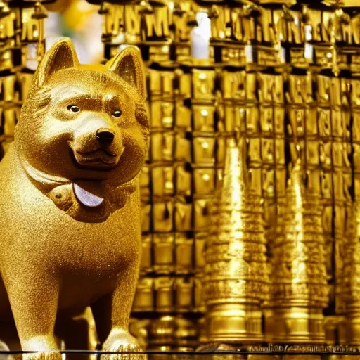 Prompt: A golden statue of an akita ken, shiny, flowers, royal, temple, holy