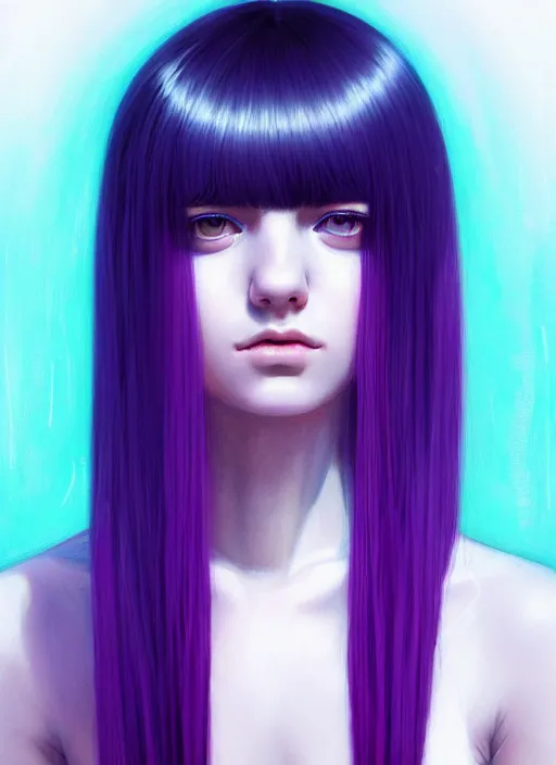 Image similar to hair whitebangs hair, black hair, whitebangs, portrait of teenage girl with white bangs, red irises, purple clothes, white bangs, bangs are different color from hair, intricate, elegant, glowing lights, highly detailed, digital painting, artstation, concept art, smooth, sharp focus, illustration, art by wlop, mars ravelo and greg rutkowski