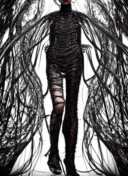 Image similar to walking down the catwalk, ben watts, show, stage, vogue photo, podium, fashion show photo, historical baroque dress dark, iris van herpen, beautiful woman, masterpiece, intricate, biopunk, vogue, full body shot, alien, plant predator, guyver, giger, wires, tubes, veins, jellyfish, white biomechanical details, highly detailed