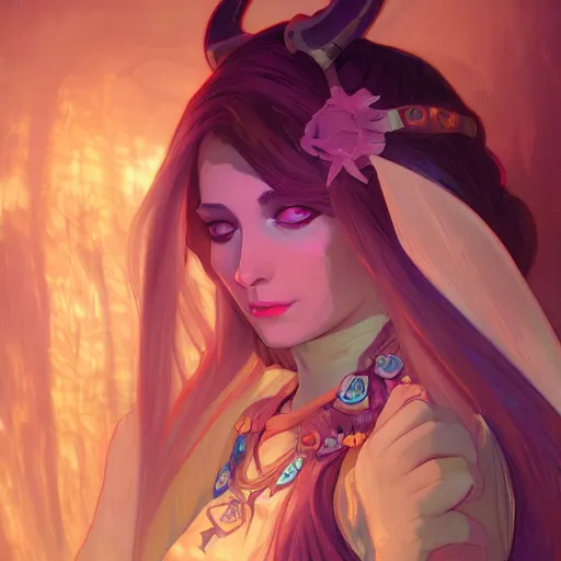 Image similar to Draenei Priestess, ambient lighting, 4k, alphonse mucha, lois van baarle, ilya kuvshinov, rossdraws, artstation