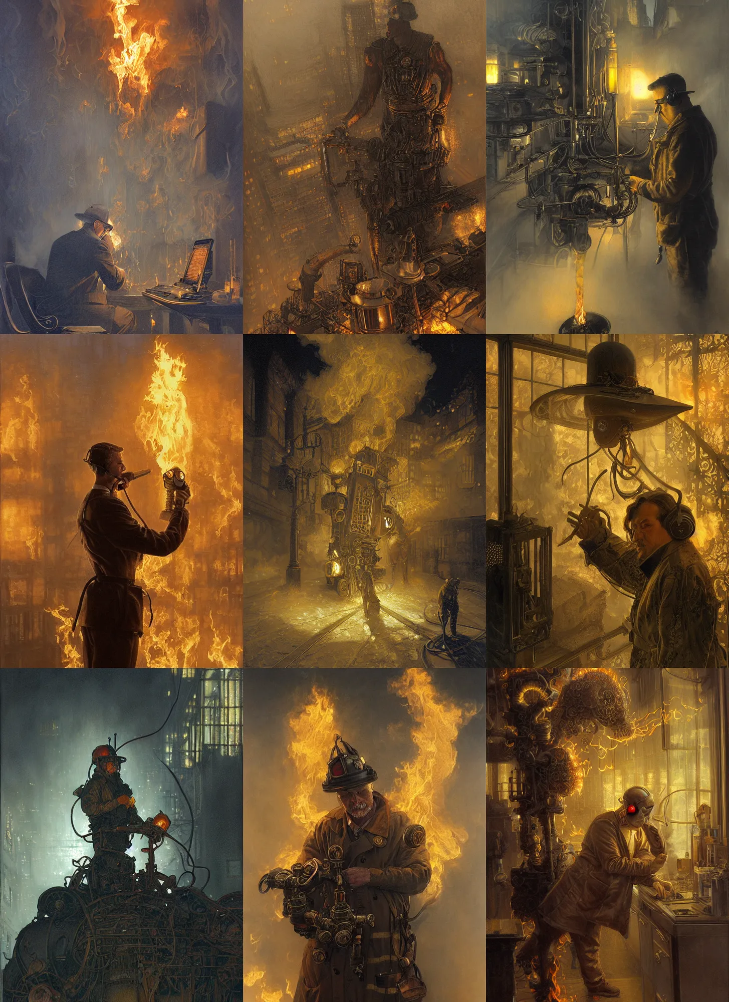 Prompt: A telemarketer made from fire and thick steam, torch shadows, foggy night, intricate, elegant, highly detailed, donato giancola, Joseph Christian Leyendecker, WLOP, Boris Vallejo, Artgerm