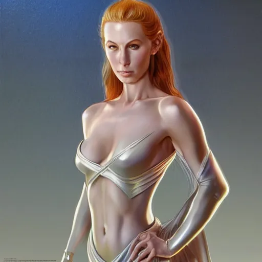 Prompt: Portrait of Galadriel, intricate upper body, whole body, highly detailed, digital painting, artstation, concept art, smooth, sharp focus, illustration, art by Hajime Sorayama