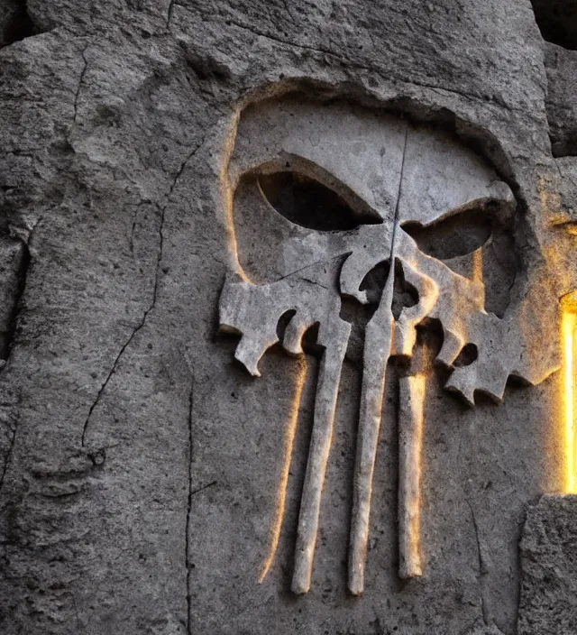 Prompt: punisher symbol carved deeply into stone edifice in the ancient ruins with luminous smoke and light rays.