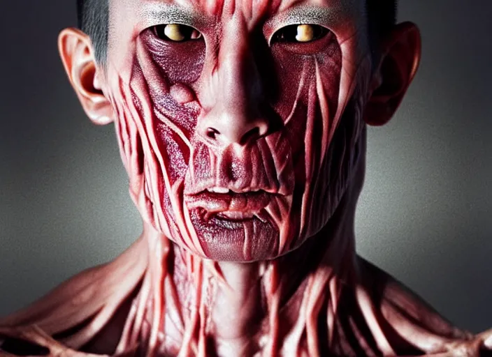 Image similar to mid shot portrait of samurai with translucent skin, visible bones and muscle and veins and nerves and internal organs, in the style of david cronenberg, high fashion, id magazine, realistic, sharp focus, 8 k high definition, film photography, photo realistic, insanely detailed, by david kostic and stanley lau and artgerm