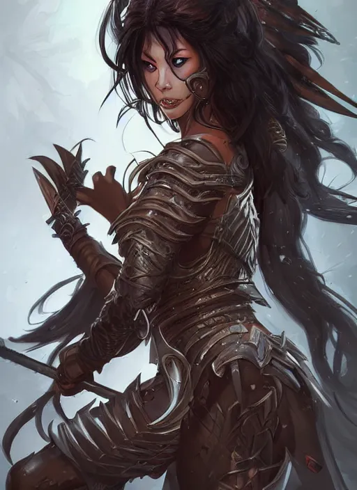 Image similar to beautiful warrior lady, black long hair, practical armor, brown skin, demonic eyes, low fantasy, extremely detailed, sharp focus, smooth, digital illustration, by rossdraws, frank franzzeta, sakimichan