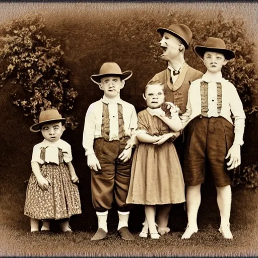 Prompt: frogs wearing old timey clothes, vintage family photo of a frogs wearing old timey clothes, sepia, frog picture