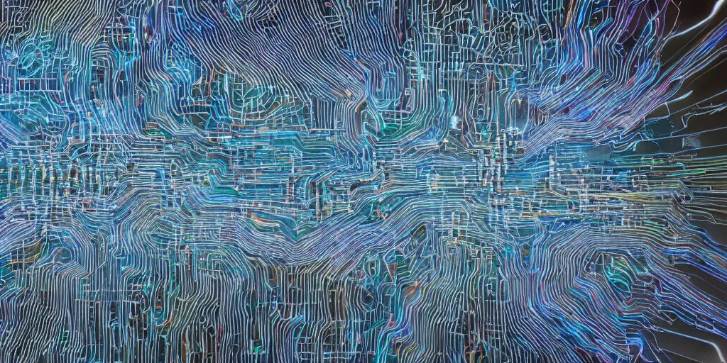 Image similar to a layered abstract sculpture made from densely detailed computer circuits, transistors, led, wire, macro photography, translucent pastel panels, smooth stylized shapes, embedded in clear epoxy, macro, overlapping layers, hyper - realistic vfx render