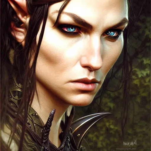 Image similar to portrait of a elven ranger, dark, piercing eyes, gentle expression, witchy clothing, photorealistic, highly detailed, artstation, smooth, sharp focus, art by michael whelan, artgerm, greg rutkowski and alphonse mucha