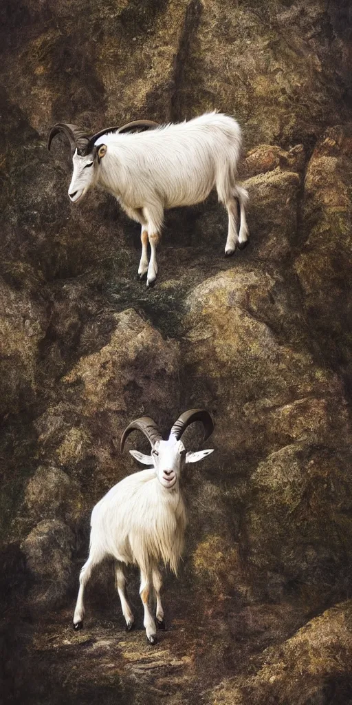 Image similar to a surreal painting of a goat in alpine mountains, photorealistic, cinematic, dramatic, vivid, dark and beautiful, higly, civilized, cinematic lighting