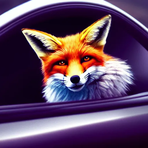 Image similar to a fox driving a car in the drivers seat with paws on the steering wheel, portrait, fantasy, beautiful face, vivid colors, elegant, concept art, sharp focus, digital art, Hyper-realistic, 4K, Unreal Engine, Highly Detailed, HD, Dramatic Lighting by Brom, trending on Artstation
