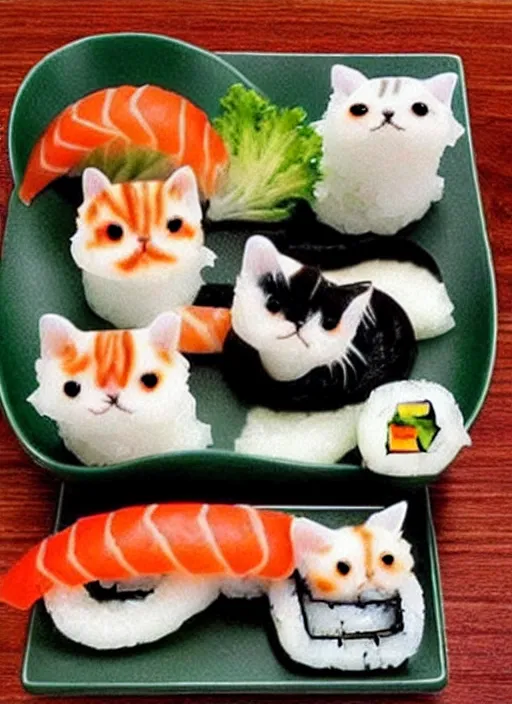 Image similar to clear photorealistic picture of adorable cats made out of sushi