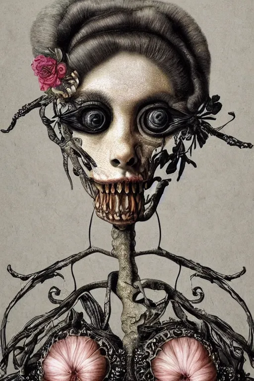 Prompt: Detailed maximalist portrait a with large lips and with large eyes, exasperated expression, botanical skeletal with extra flesh, HD mixed media, 3D collage, highly detailed and intricate, surreal illustration in the style of Caravaggio, dark art, baroque