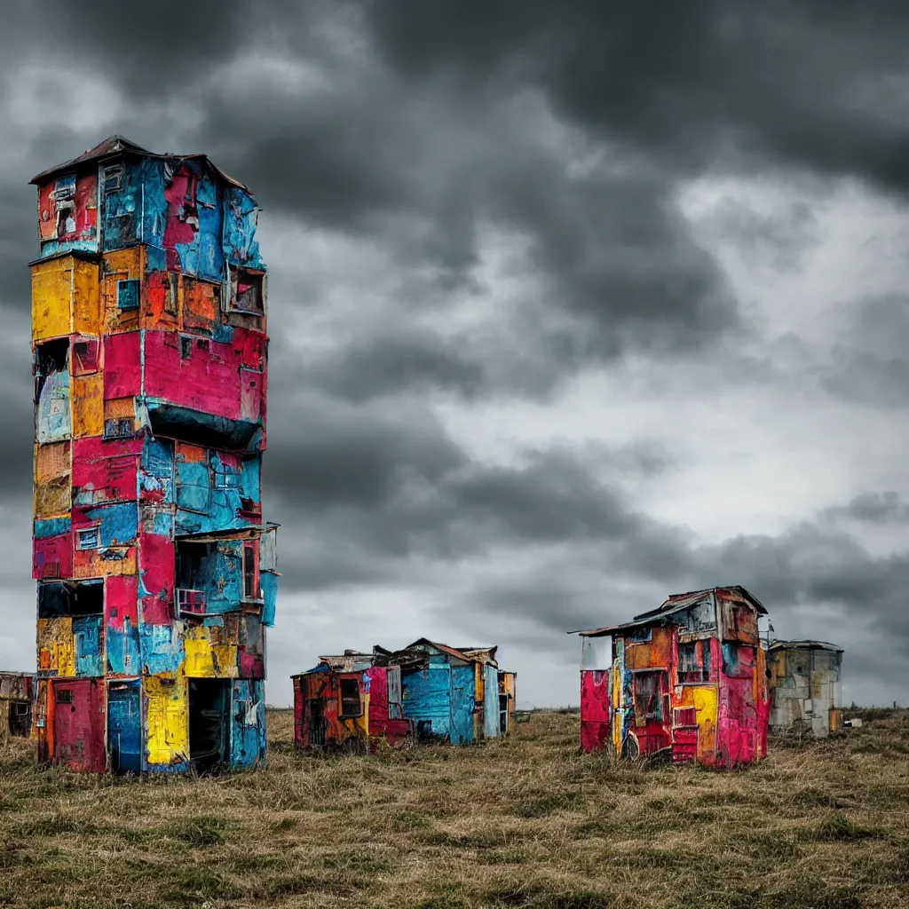 Image similar to close - up view of a tower made up of colourful makeshift squatter shacks, bleached colours, moody cloudy sky, dystopia, mamiya, very detailed, photographed by cristina de middel