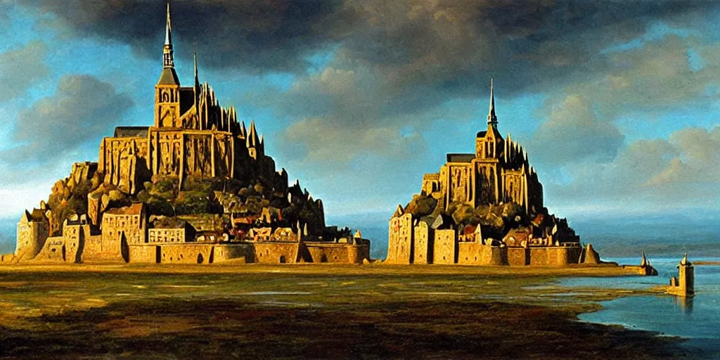 Image similar to oil painting portraying mont saint michel in the style of romanticism landscape painters,beautiful,mist,evocative