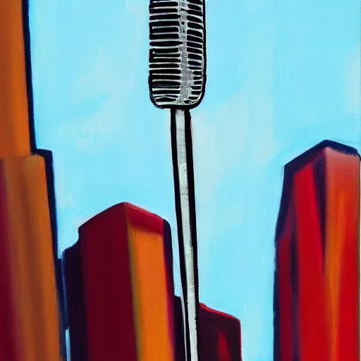 Prompt: a skyscraper with legs yelling into a microphone, oil