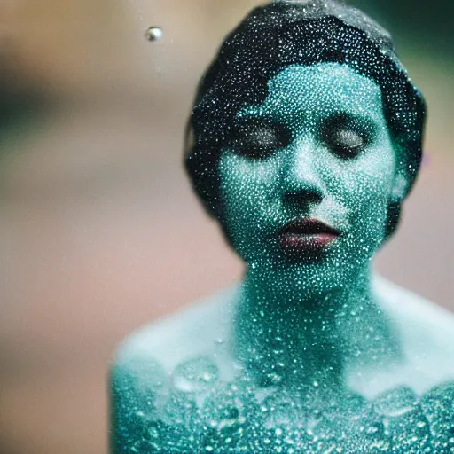 Image similar to a photo of a female made out of hexagons stone, trying to feel the rain, 5 0 mm lens, f 1. 4, sharp focus, ethereal, emotionally evoking, head in focus, volumetric lighting, 8 k