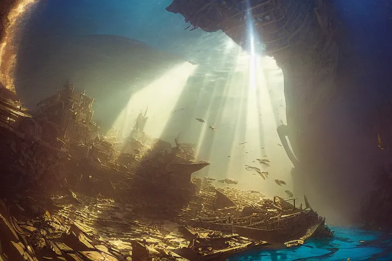 Prompt: a scenic view of the lost and abandoned city of Atlantic under water, ray of sunlight, whale fall, fish flocks, Greg Rutkowski, Moebius, Mohrbacher, Mucha, blue and gold color scheme, ultra wide angle, light effect