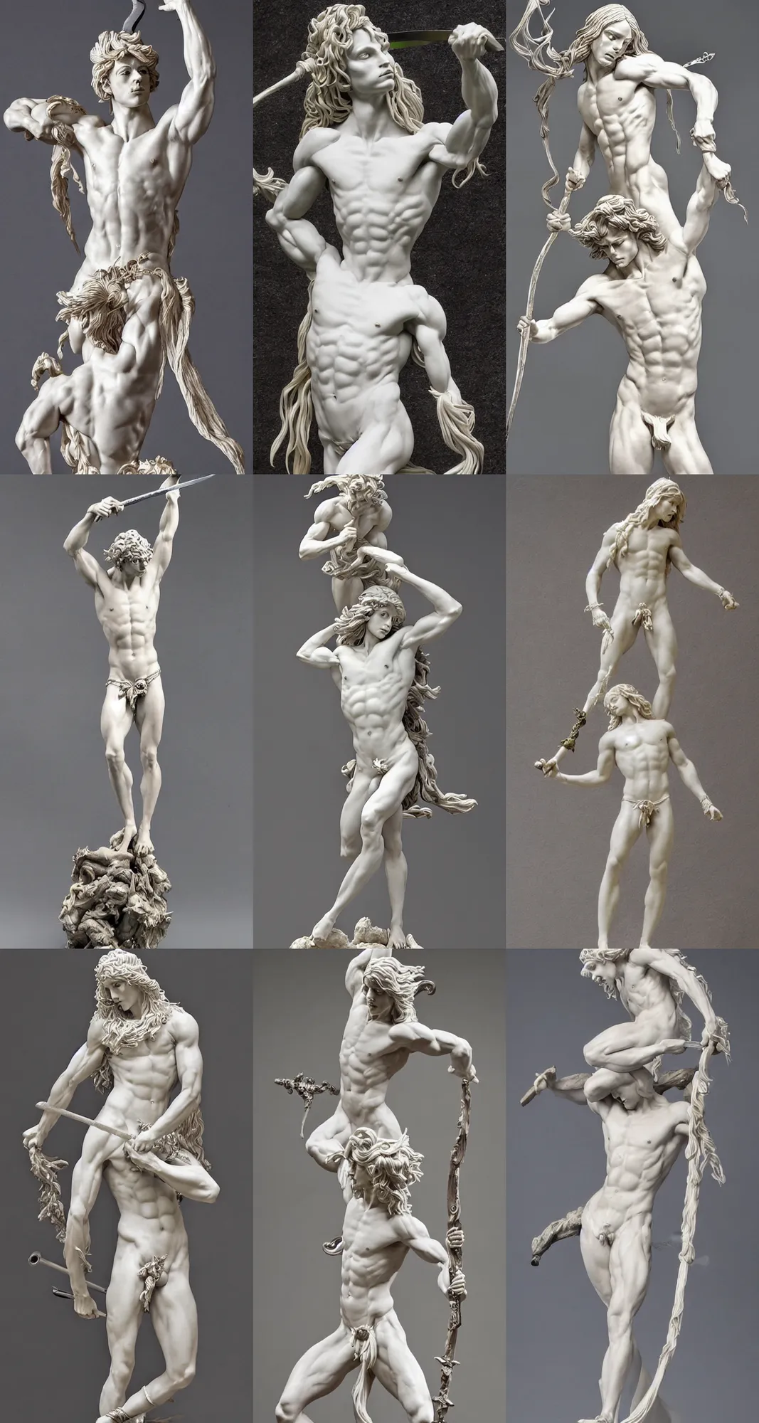 Prompt: sculpture of a pale lithe muscular androgynous male fairy, long hair flowing in the wind, carrying a sword, diaphanous iridescent silk loincloth, ultra realistic, intricate and ornate crystal jewelry, highly detailed, in the style of bernini and michelangelo.