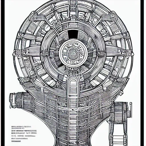 Image similar to Simplistic coloring book of a turbine blueprint, black ball pen on white paper, by Josan Gonzalez and Geof Darrow