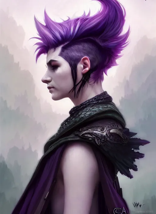 Prompt: side portrait crow, adventurer outfit large cloak, fantasy forest landscape, dragon scales, fantasy magic, undercut hairstyle, short purple black fade hair, dark light night, intricate, elegant, sharp focus, illustration, highly detailed, digital painting, concept art, matte, art by WLOP and Artgerm and Greg Rutkowski and Alphonse Mucha, masterpiece
