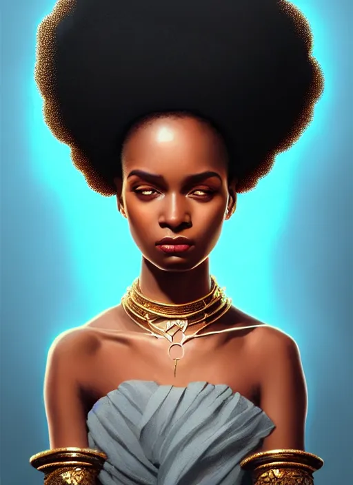 Image similar to portrait of young black woman with afro puffs, afro - futurist style, intricate, elegant gleaming jewelry, angelic halo, highly detailed, digital painting, artstation, concept art, smooth, sharp focus, illustration, art by wlop, mars ravelo and greg rutkowski