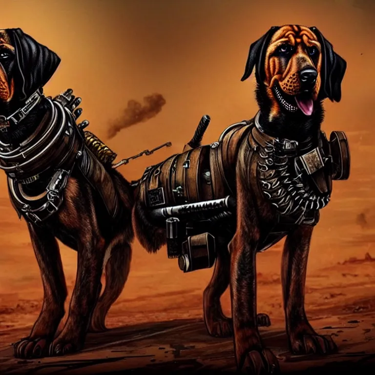 Image similar to a good ol'bloodhound pup fursona ( from the furry fandom ), heavily armed and armored facing down armageddon in a dark and gritty version from the makers of mad max : fury road. witness me.