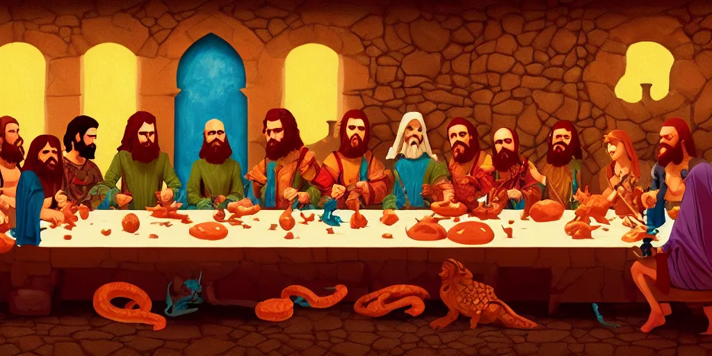 Image similar to dungeon and dragons last supper by wes anderson, digital painting, trending on artstation, sharp focus, 4 k