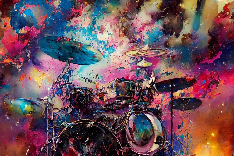 Image similar to a splattered action painting showing a drumset, ultradetailed, fine art painting, peter mohrbacher, moebius, drumset, frottage, watercolor, acrylic, multilayered paint, spectacular splatter explosion, psychedelic art