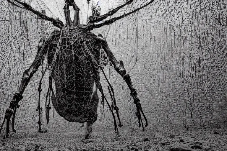 Image similar to portrait of a dusty armored skeleton covered in spiderwebs By Emmanuel Lubezki