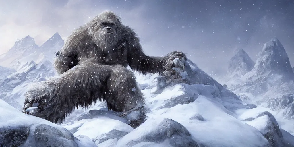 Prompt: a yeti on a snowy mountain top, greg rutkowski, 8 k, shallow depth of field, intricate detail, concept art,