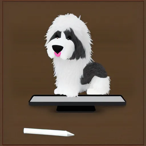 Image similar to bearded collie stuffed animal sits at the computer progrramming, cute, adorable, fluffy, digital art, UE5,