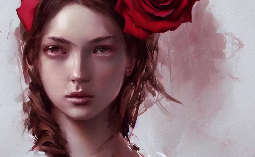 Image similar to a painting of virtualrose trending on artstation in the style of greg rutkowski, beautiful, young female, sensual, natural skin, brown hair, red rose in hair, natural sensuality