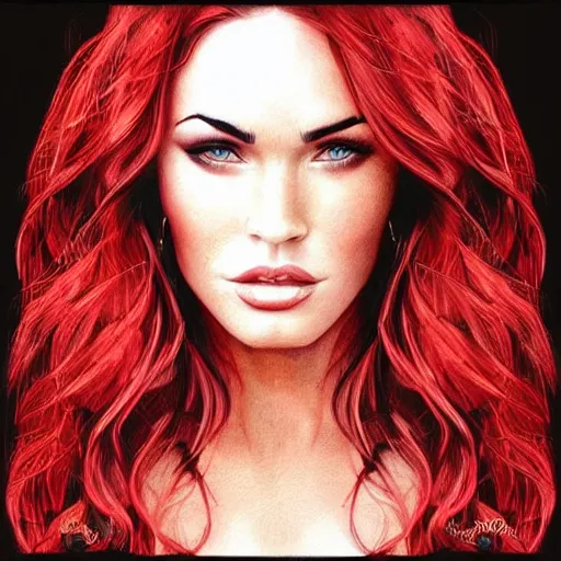 Image similar to “Beautiful Megan Fox Red pencil paintings, ultra detailed portrait, 4k resolution”