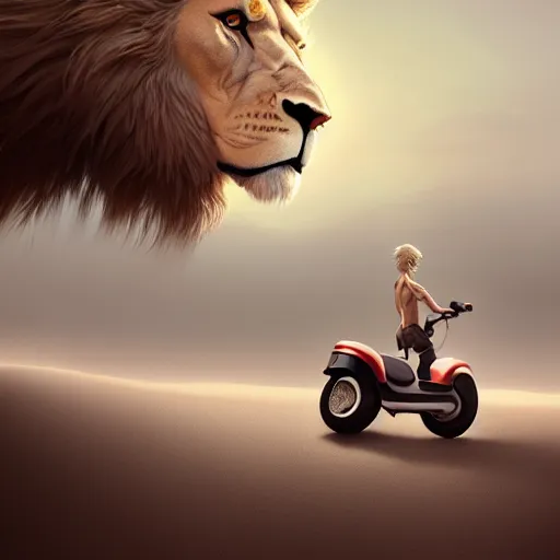 Prompt: commission of a male anthropomorphic albino lion driving a scooter on a beach,digital art,art by greg rutkowski,trevor henderson,ross tran,photorealistic,hyperdetailes,highly realistic,natural lighting,deviantart,artstation,dramatic,cinematic,4k,western comic style