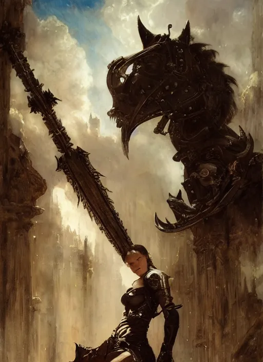 Image similar to stoya wearing black medieval armour detailed, by gaston bussiere, bayard wu, greg rutkowski, giger, maxim verehin, greg rutkowski, masterpiece, sharp focus, cinematic lightning