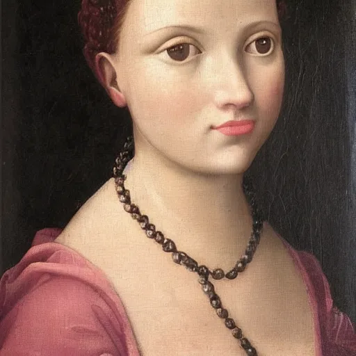 Prompt: Renaissance oil painting full head portrait pretty young lady, dark hair, pink cheeks, grey and white dress