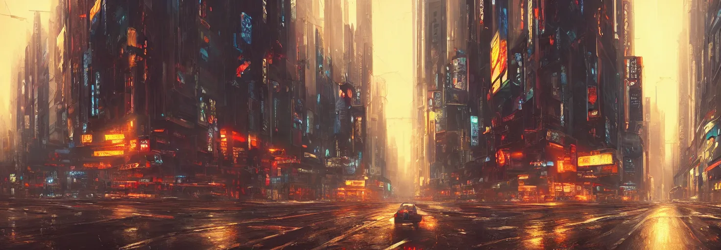 Image similar to an epic painting of the city street road, oil on canvas, cold colors, perfect composition, golden ratio, beautiful detailed, photorealistic, digital painting, artstation, concept art, smooth, sharp focus, illustration, cyberpunk background, artstation trending, octane render, unreal engine