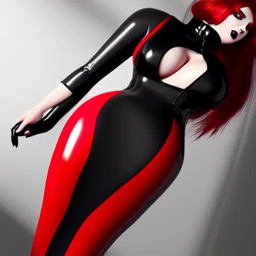 Image similar to a feminine curvy pale hot goth sweetie wearing a modest tight black and red latex-nylon high-neck dress, cgsociety, photorealistic, sublime-hyperadvanced-amorous ambience, 16k, smooth, sharp focus, trending on ArtStation, volumetric lighting, fully clothed, thin waist