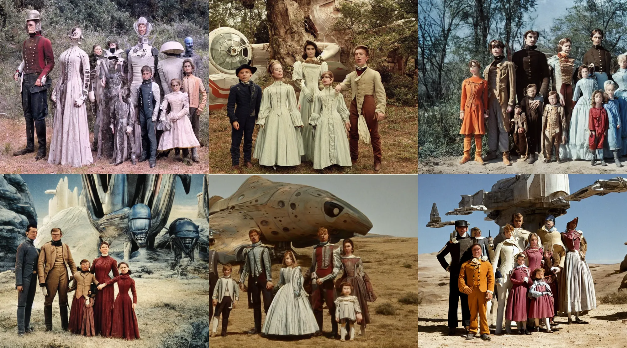 Prompt: sharp, 35mm still from a sci fi blockbuster color movie made in 2022, set in 1860, of a family standing in front of a spaceship that has just landed on an alien planet, a humanoid alien creature stands nearby, the family are all wearing 1850s era clothes, 4k, in focus, extremely good quality lighting, good quality photography, nice faces, A list cast, famous actors, famous actresses, oscar winner