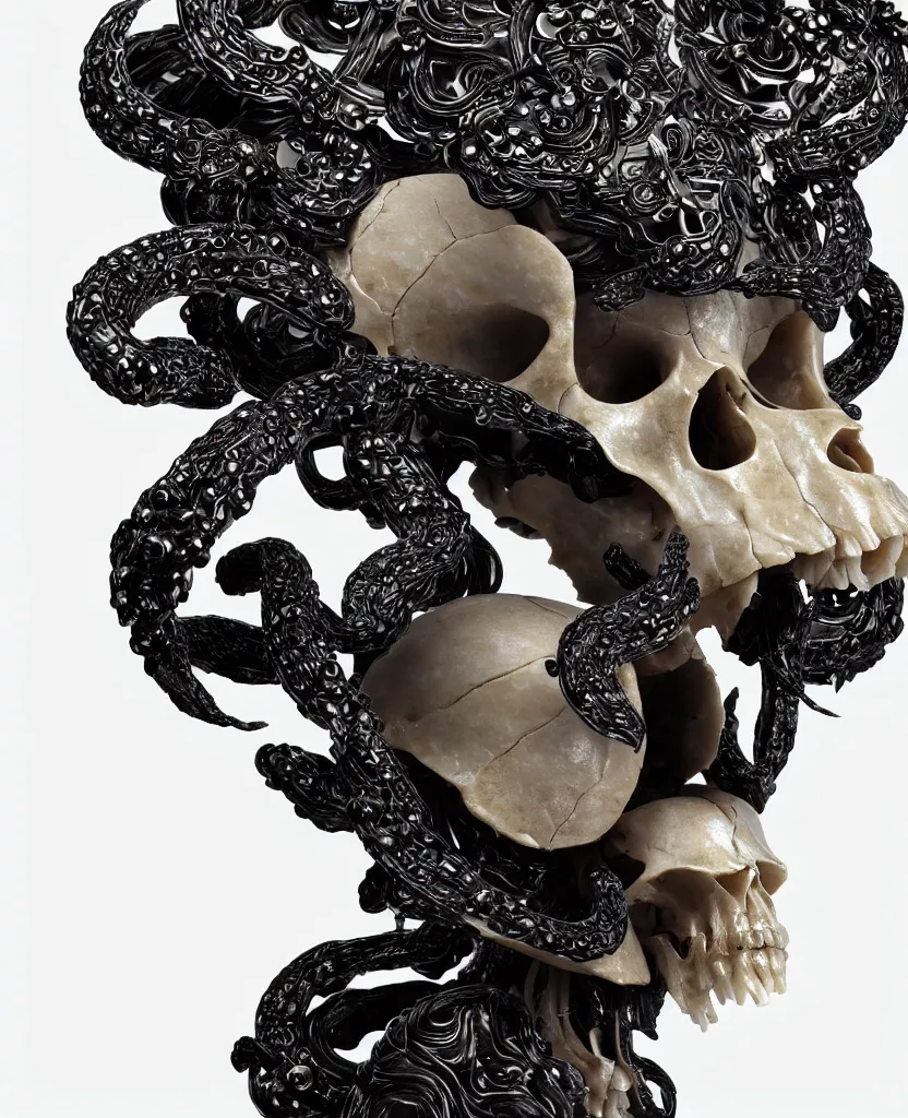 Image similar to goddess princess face close-up portrait ram skull. sculpture made of black stone with elements made of polished gold. jellyfish phoenix head, nautilus, orchid, skull, betta fish, bioluminiscent creatures, intricate artwork by Tooth Wu and wlop and beeple. octane render, trending on artstation, greg rutkowski very coherent symmetrical artwork. cinematic, hyper realism, high detail, octane render, 8k