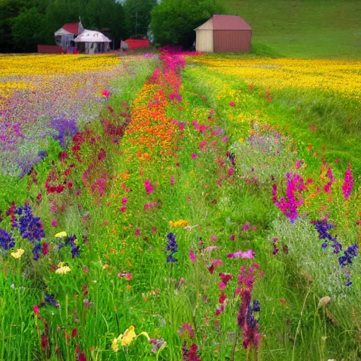 Image similar to photograph of a farm of colourful wildflowers, spring season, atmospheric