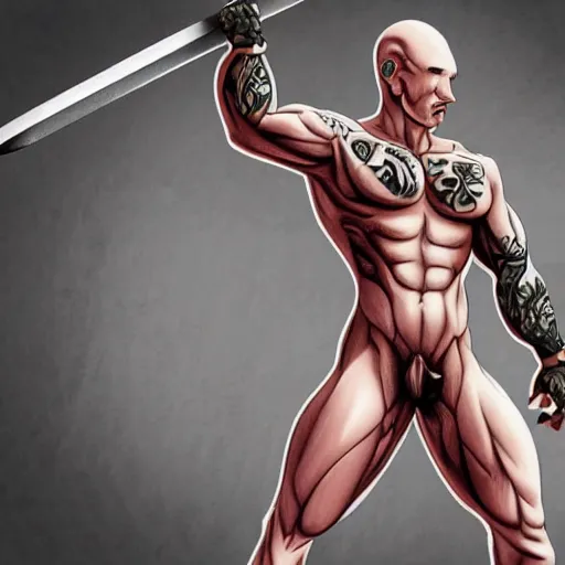 Image similar to muscular bald man, tattooed body, sword in hands, HD, anime style,