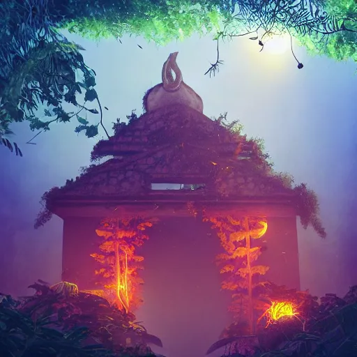 Prompt: a jungle temple surrounded by fireflies and vines, professional photo, professional lighting, instagram photo, trending on artstation, hdr