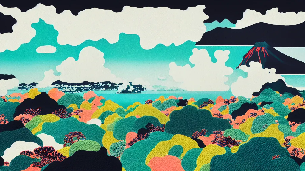 Image similar to dramatic landscape of okinawa prefecture, japan, a collage painting, in the style of wes anderson, lola dupre, david hockney, isolated on negative white space background dark monochrome neon fluorescent spraypaint accents volumetric octane render