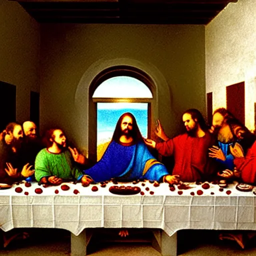 Image similar to a futuristic holographic art piece of The Last Supper by Leonardo da Vinci