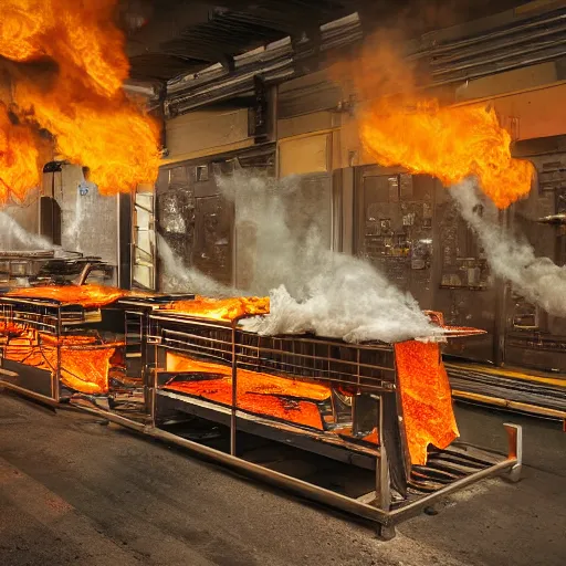 Image similar to toaster ovens on conveyor belt, dark messy smoke - filled cluttered workshop, dark, dramatic lighting, orange tint, sparks, cinematic, highly detailed, sci - fi, futuristic, movie still