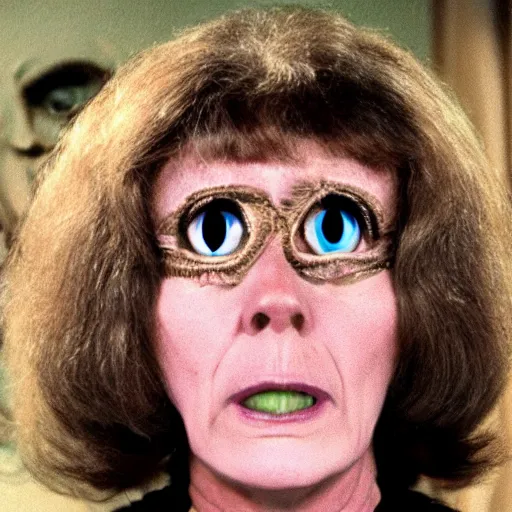 Image similar to middle-age woman enters an eyeball cult, 1977 live-action children's tv show, color