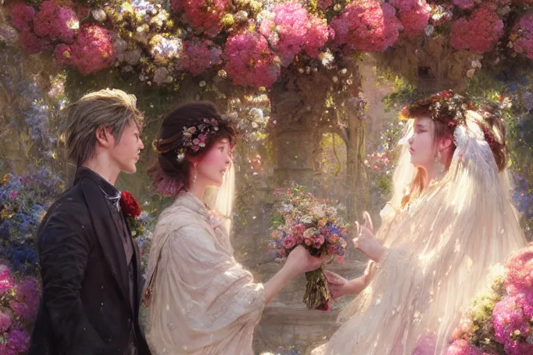 Image similar to the groom look at the bride at a wedding full of flowers, bright and happy, dreamlike art, highly detail, 4 k realistic, wedding photoy krenz cushart, artem demura, yoji shinkawa artgerm, jon lothian, danilo torres. adi meyers. thomas reimann. gaston bussiere.